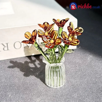 Mini Glass Flower Ornament Crafts Artificial Flower Floral Figurine - Premium Yellow Set (7 Flowers) - Houseware &
