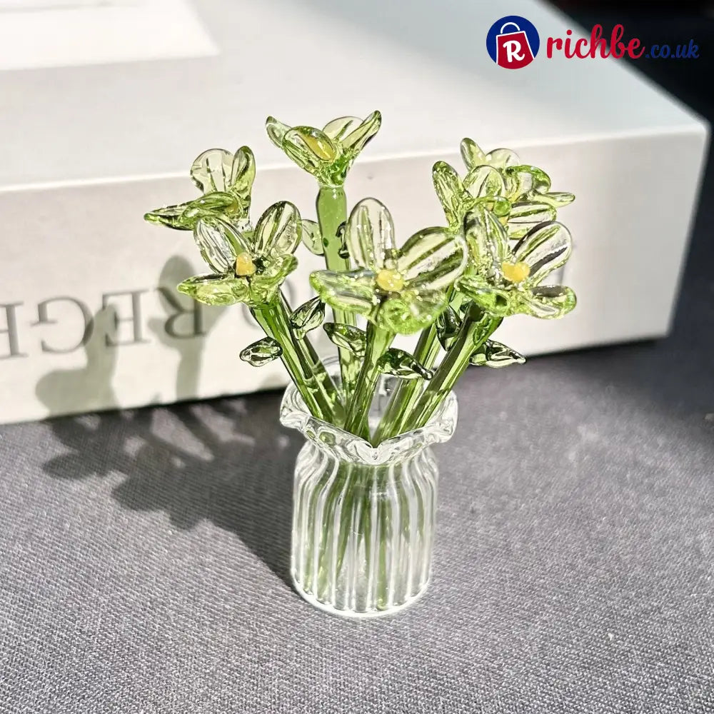 Mini Glass Flower Ornament Crafts Artificial Flower Floral Figurine - Translucent Green Flower Set (7 Flowers)