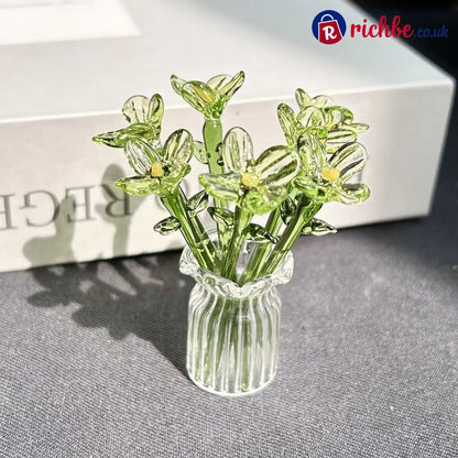 Mini Glass Flower Ornament Crafts Artificial Flower Floral Figurine - Translucent Green Flower Set (7 Flowers)