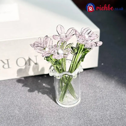 Mini Glass Flower Ornament Crafts Artificial Flower Floral Figurine - Translucent Pink Flower Set (7 Flowers)