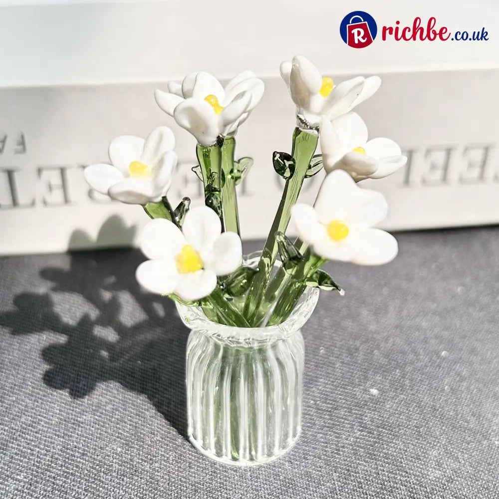 Mini Glass Flower Ornament Crafts Artificial Flower Floral Figurine - White Set (7 Flowers) - Houseware & Kitche