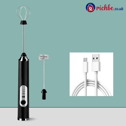 Mini Portable Electric Frother Set ☕ - 1*Frother + 2*Interchangeable Heads + 1*USB Charging Cable / Black - Houseware &