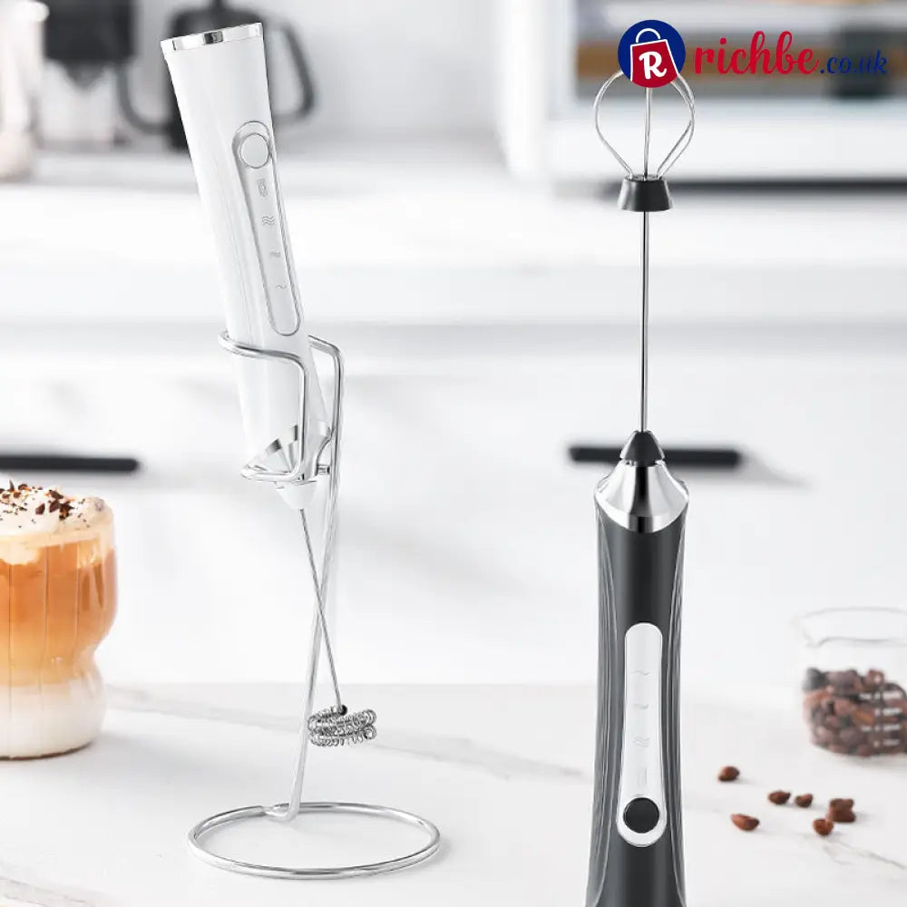 Mini Portable Electric Frother Set ☕ - 1*Frother + 2*Interchangeable Heads + 1*USB Charging Cable / White & Black