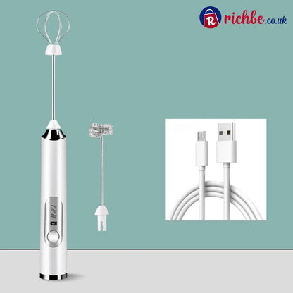 Mini Portable Electric Frother Set ☕ - 1*Frother + 2*Interchangeable Heads + 1*USB Charging Cable / White - Houseware &