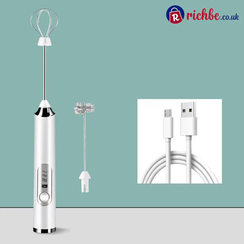 Mini Portable Electric Frother Set ☕ - 1*Frother + 2*Interchangeable Heads + 1*USB Charging Cable / White - Houseware &