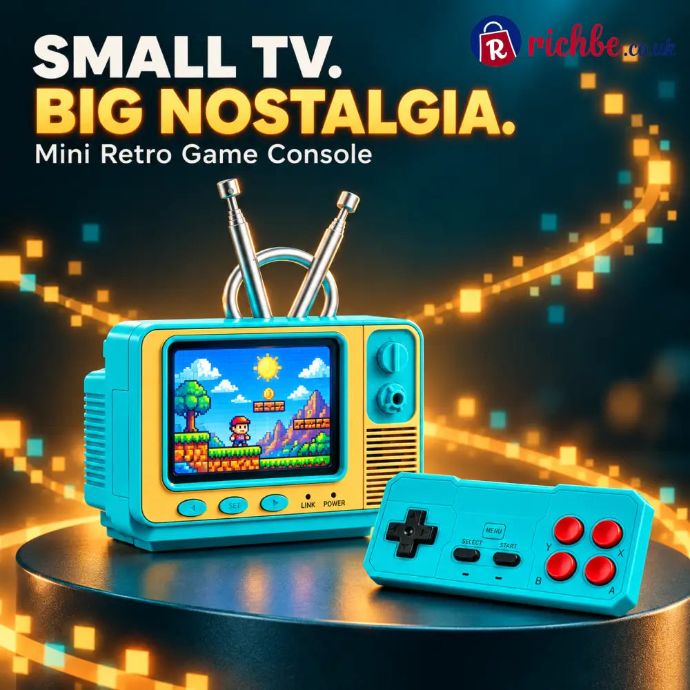 Retro mini TV game console — hero styled image