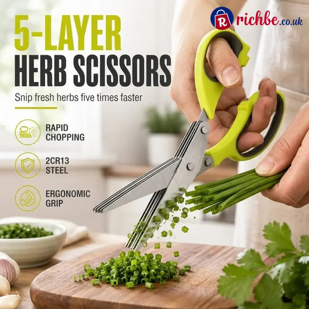🔥 Multi-Layer Stainless Steel Kitchen Scissors – 5-Blade Herb Cutter with Ergonomic Handle – Ideal for Herbs Scallions