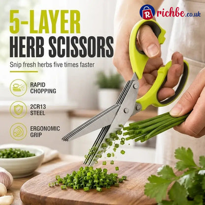 🔥 Multi-Layer Stainless Steel Kitchen Scissors – 5-Blade Herb Cutter with Ergonomic Handle – Ideal for Herbs Scallions