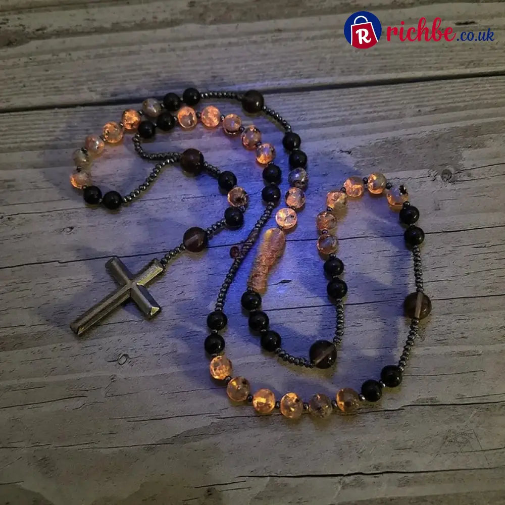 Natural Obsidian Yooperlite Rosary Necklace UV Reactive Energy Protection Healing Crystal