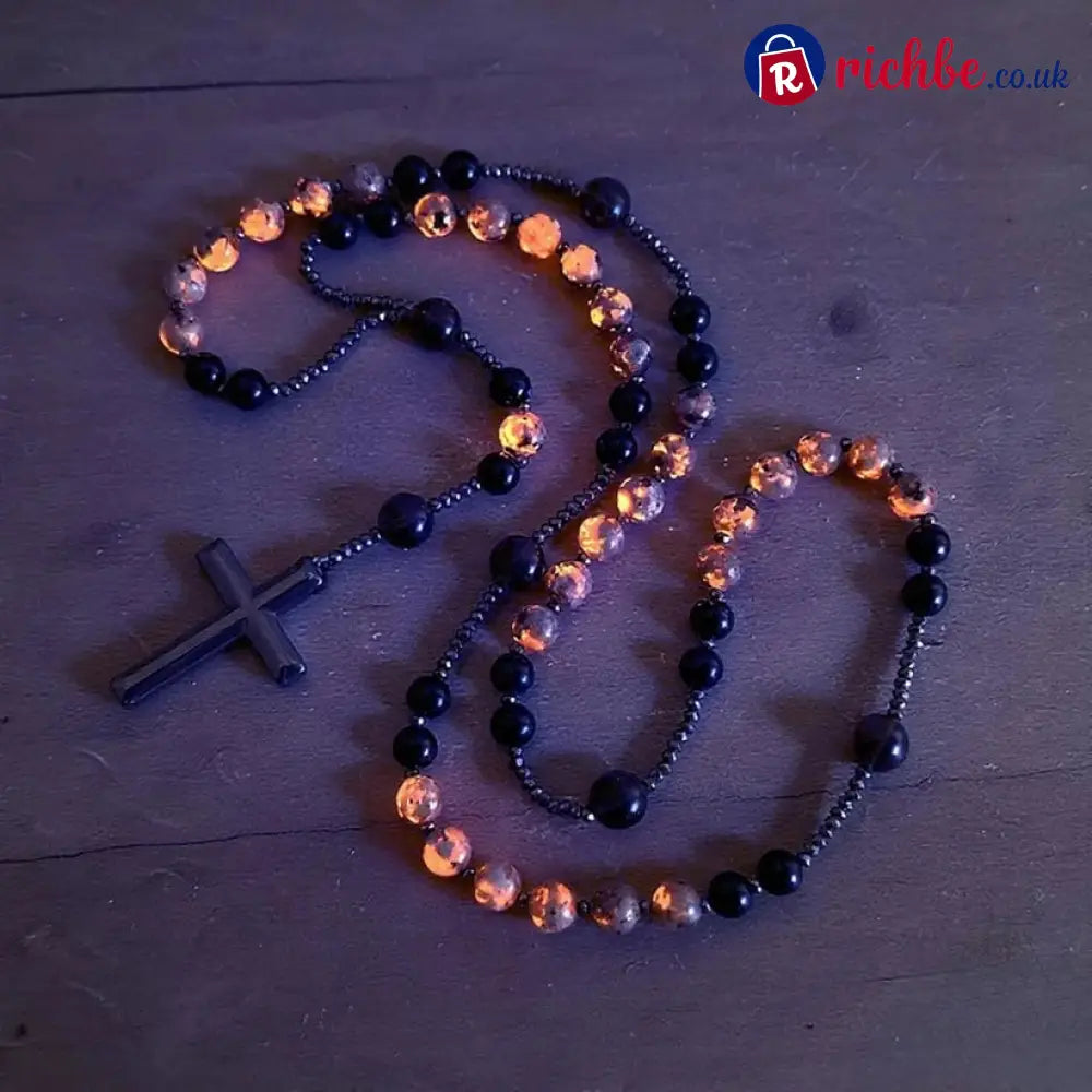 Natural Obsidian Yooperlite Rosary Necklace UV Reactive Energy Protection Healing Crystal