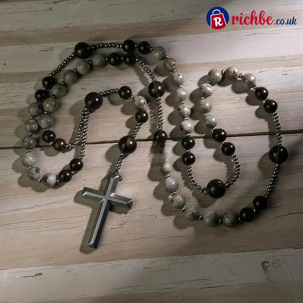 Natural Obsidian Yooperlite Rosary Necklace UV Reactive Energy Protection Healing Crystal