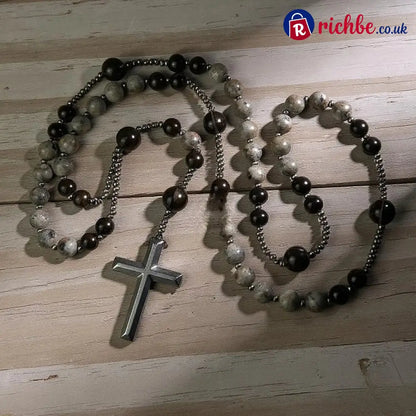 Natural Obsidian Yooperlite Rosary Necklace UV Reactive Energy Protection Healing Crystal