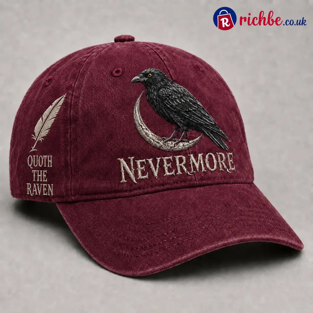 ⬛🐦Nevermore Embroidered Raven Vintage Cap | Gothic Bird Lover Hat - Burgundy