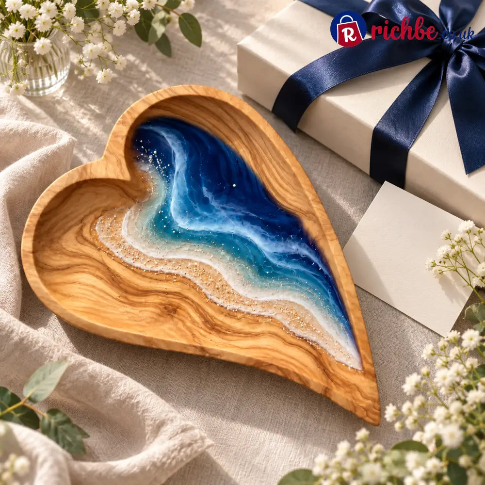 🌊 Ocean Resin Heart Dish – Handmade Olive Wood & Coastal Art