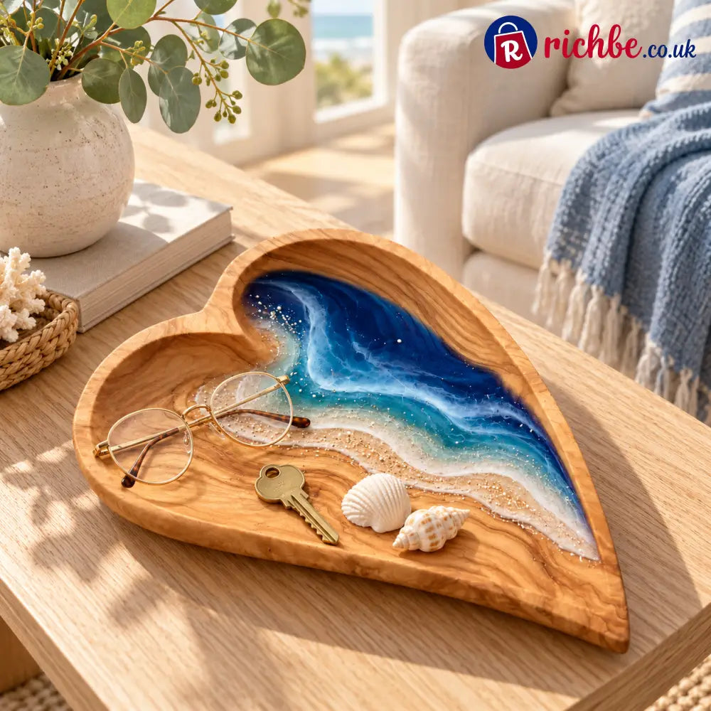 🌊 Ocean Resin Heart Dish – Handmade Olive Wood & Coastal Art
