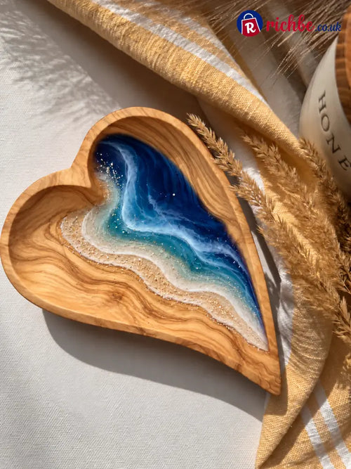 🌊 Ocean Resin Heart Dish – Handmade Olive Wood & Coastal Art