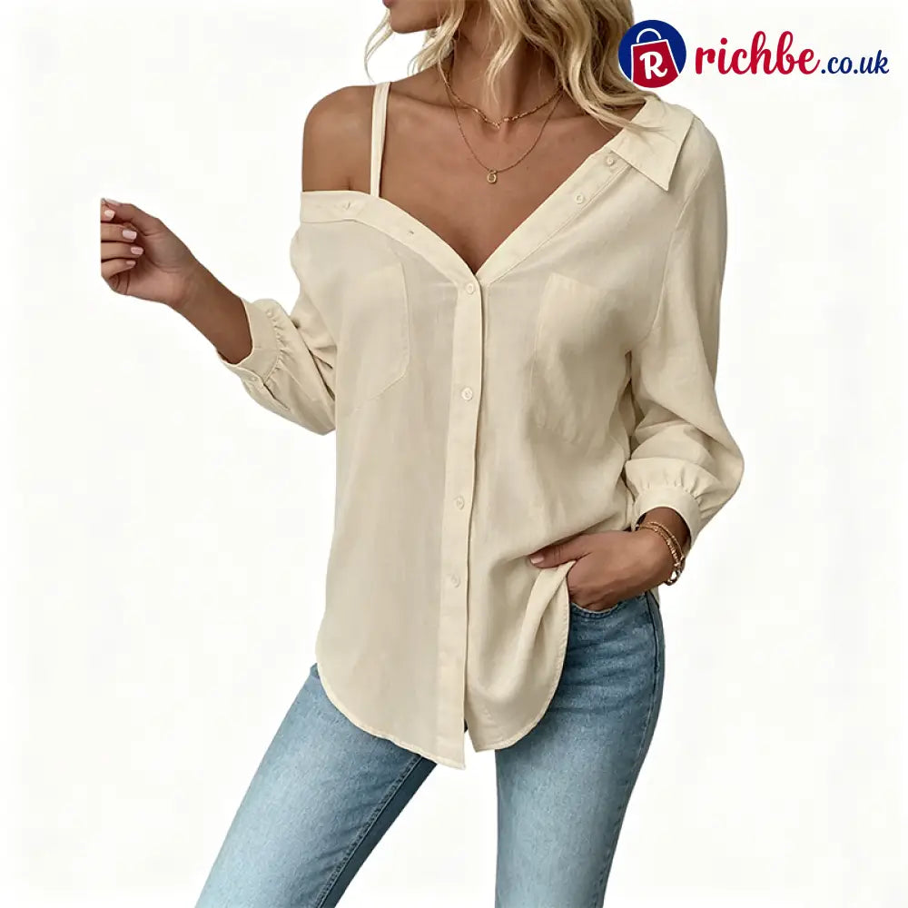 🔥 Off-Shoulder Button-Up Top – Crinkle texture & relaxed fit - Beige / S UK2-4 - Clothing & Accessories