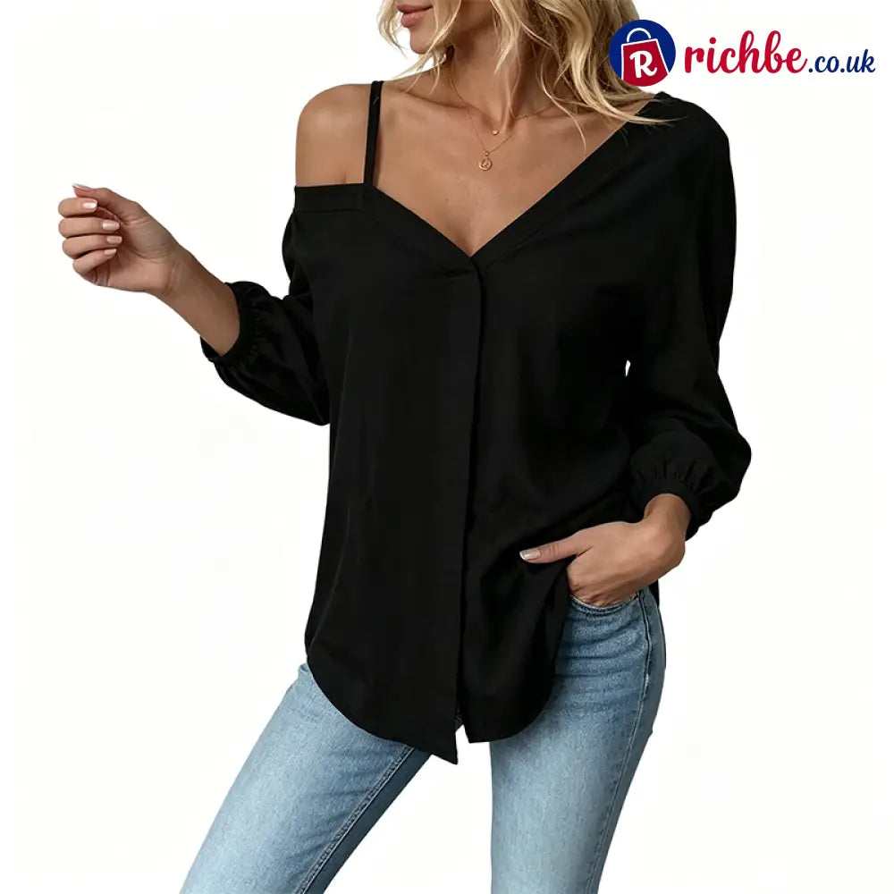 🔥 Off-Shoulder Button-Up Top – Crinkle texture & relaxed fit - Black / S UK2-4 - Clothing & Accessories
