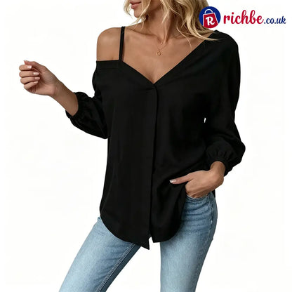 🔥 Off-Shoulder Button-Up Top – Crinkle texture & relaxed fit - Black / S UK2-4 - Clothing & Accessories