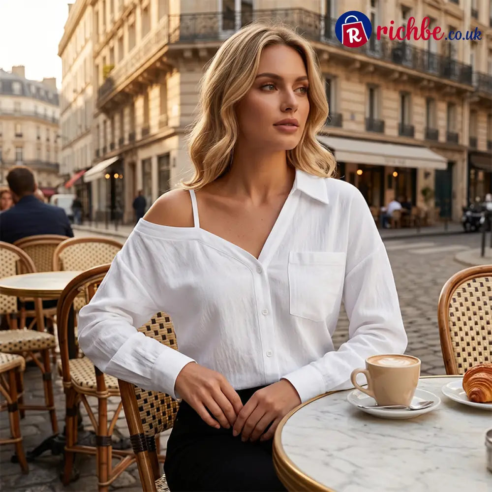 🔥 Off-Shoulder Button-Up Top – Crinkle texture & relaxed fit - Clothing & Accessories