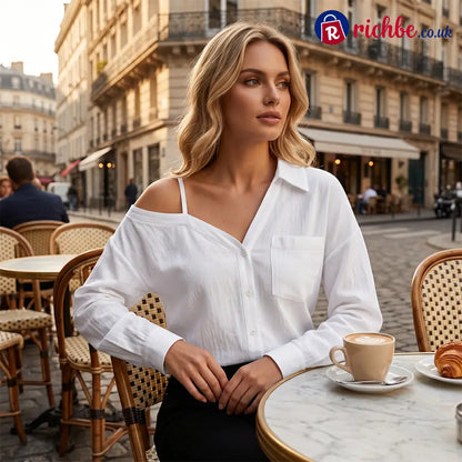 🔥 Off-Shoulder Button-Up Top – Crinkle texture & relaxed fit - Clothing & Accessories
