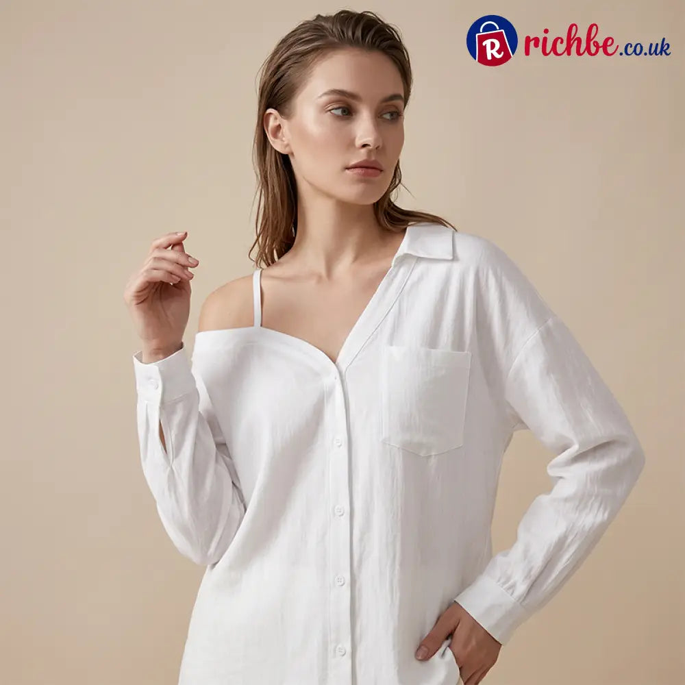 🔥 Off-Shoulder Button-Up Top – Crinkle texture & relaxed fit - Clothing & Accessories
