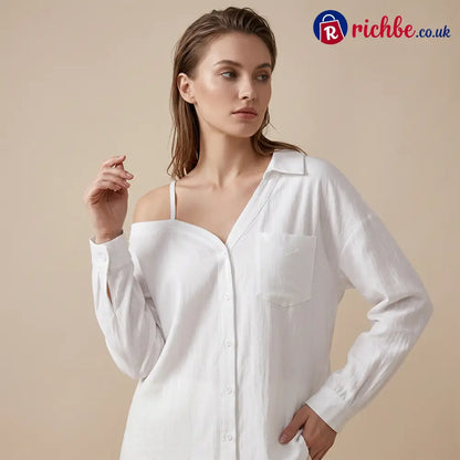 🔥 Off-Shoulder Button-Up Top – Crinkle texture & relaxed fit - Clothing & Accessories
