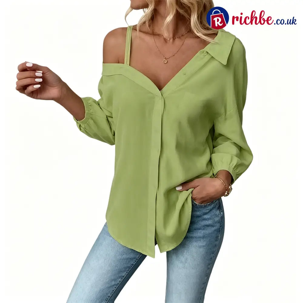 🔥 Off-Shoulder Button-Up Top – Crinkle texture & relaxed fit - Green / S UK2-4 - Clothing & Accessories