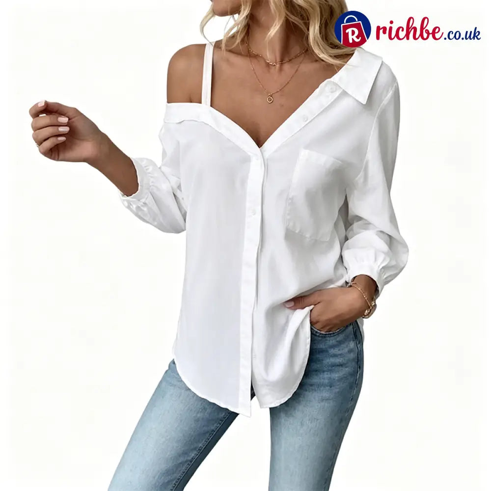🔥 Off-Shoulder Button-Up Top – Crinkle texture & relaxed fit - White / S UK2-4 - Clothing & Accessories