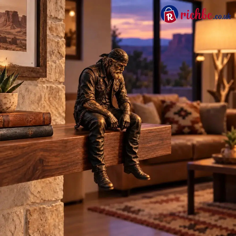 Old Biker Soul Shelf Sitter Collection – Rustic Motorcycle Rider Figurines For Men - Contemplating