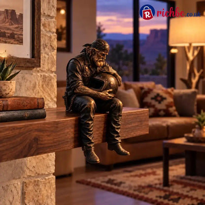 Old Biker Soul Shelf Sitter Collection – Rustic Motorcycle Rider Figurines For Men - Holding Helmet