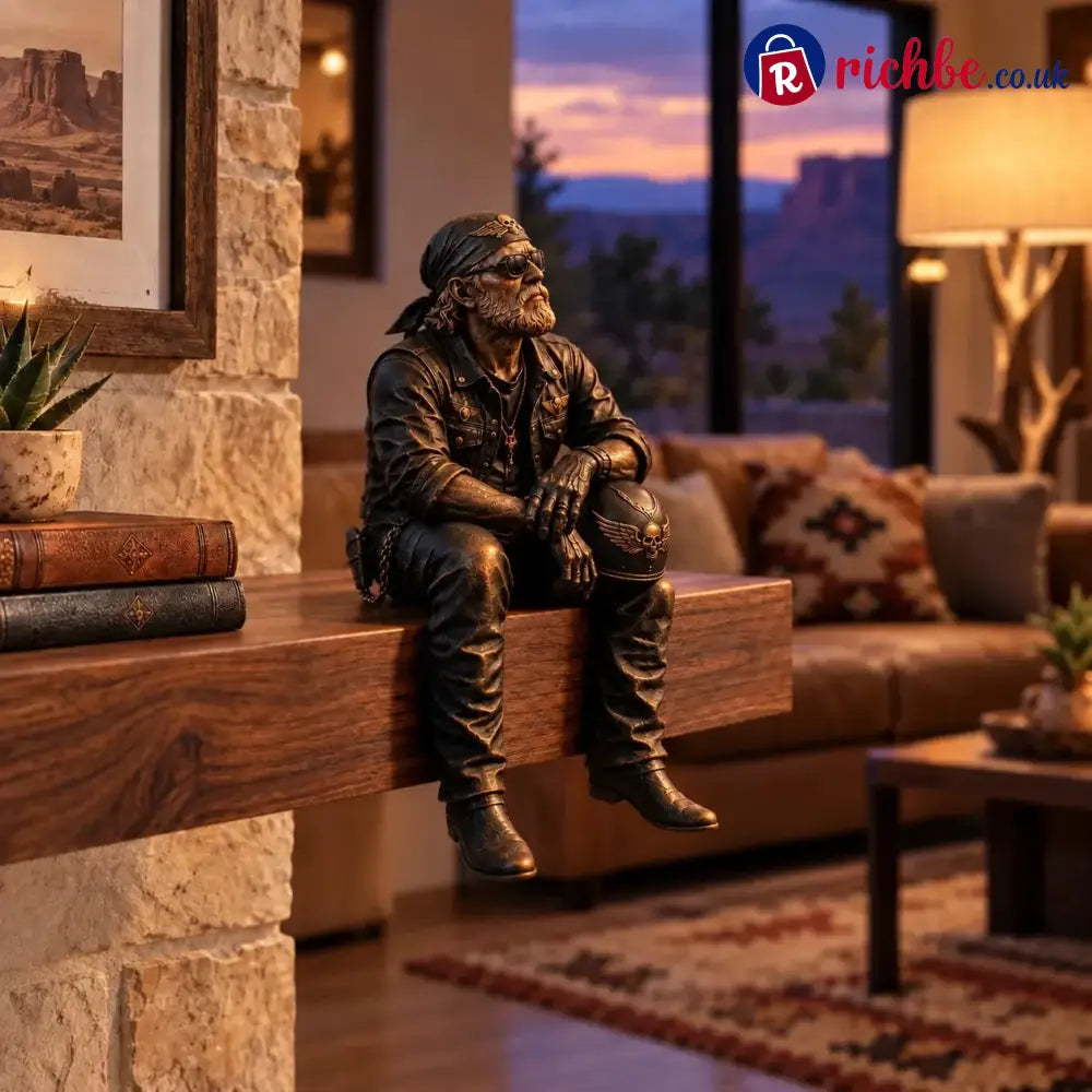Old Biker Soul Shelf Sitter Collection – Rustic Motorcycle Rider Figurines For Men - Looking Up At Sky