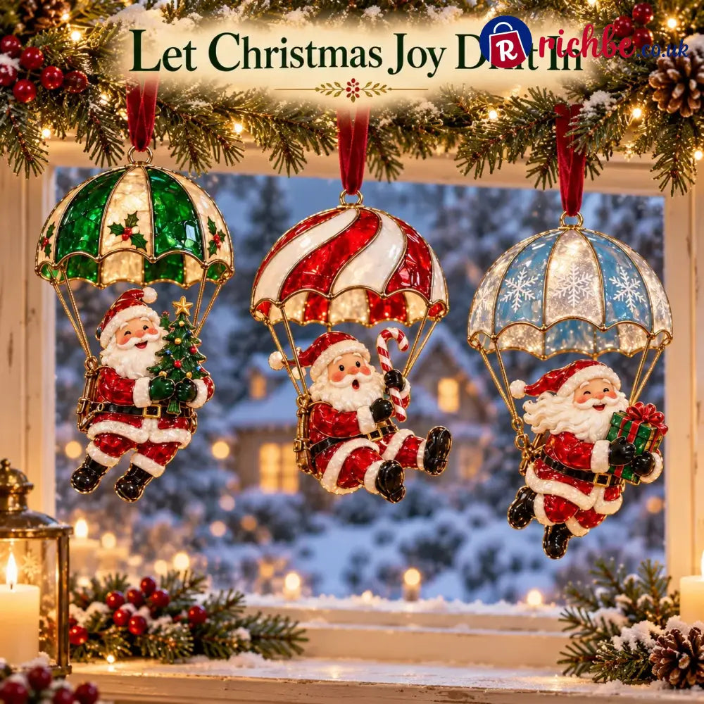 Parachuting Santa Christmas Ornaments – 6 Whimsical Holiday Designs - BUY 1