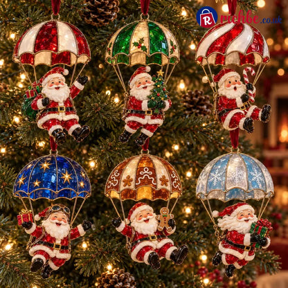 Parachuting Santa Christmas Ornaments – 6 Whimsical Holiday Designs - BUY 1