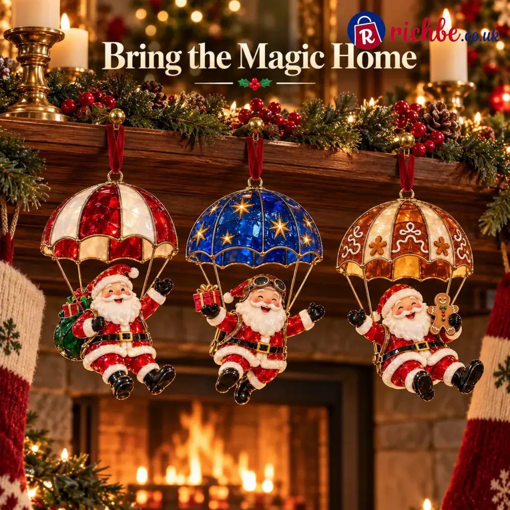 Parachuting Santa Christmas Ornaments – 6 Whimsical Holiday Designs - BUY 1
