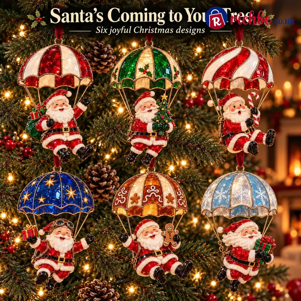 Parachuting Santa Christmas Ornaments – 6 Whimsical Holiday Designs - BUY 1