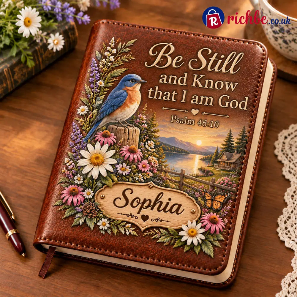 📖 Personalized Leather Scripture Notebook - Be Still and Kiw That I am God