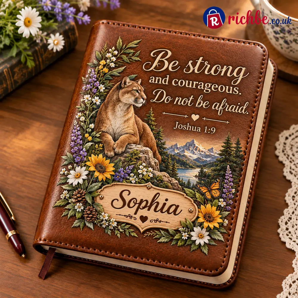 📖 Personalized Leather Scripture Notebook - Be Strong and Courageous