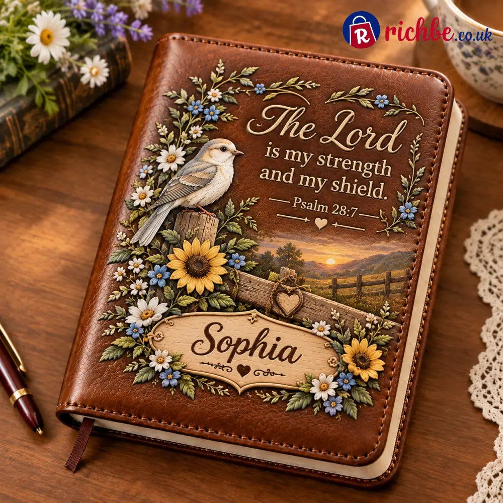 📖 Personalized Leather Scripture Notebook - The Lord is My Strength and My Shield