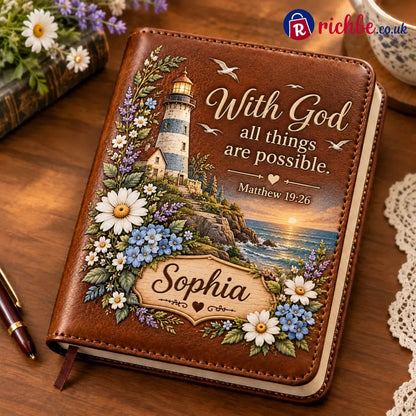 📖 Personalized Leather Scripture Notebook - With God All Things are Possible