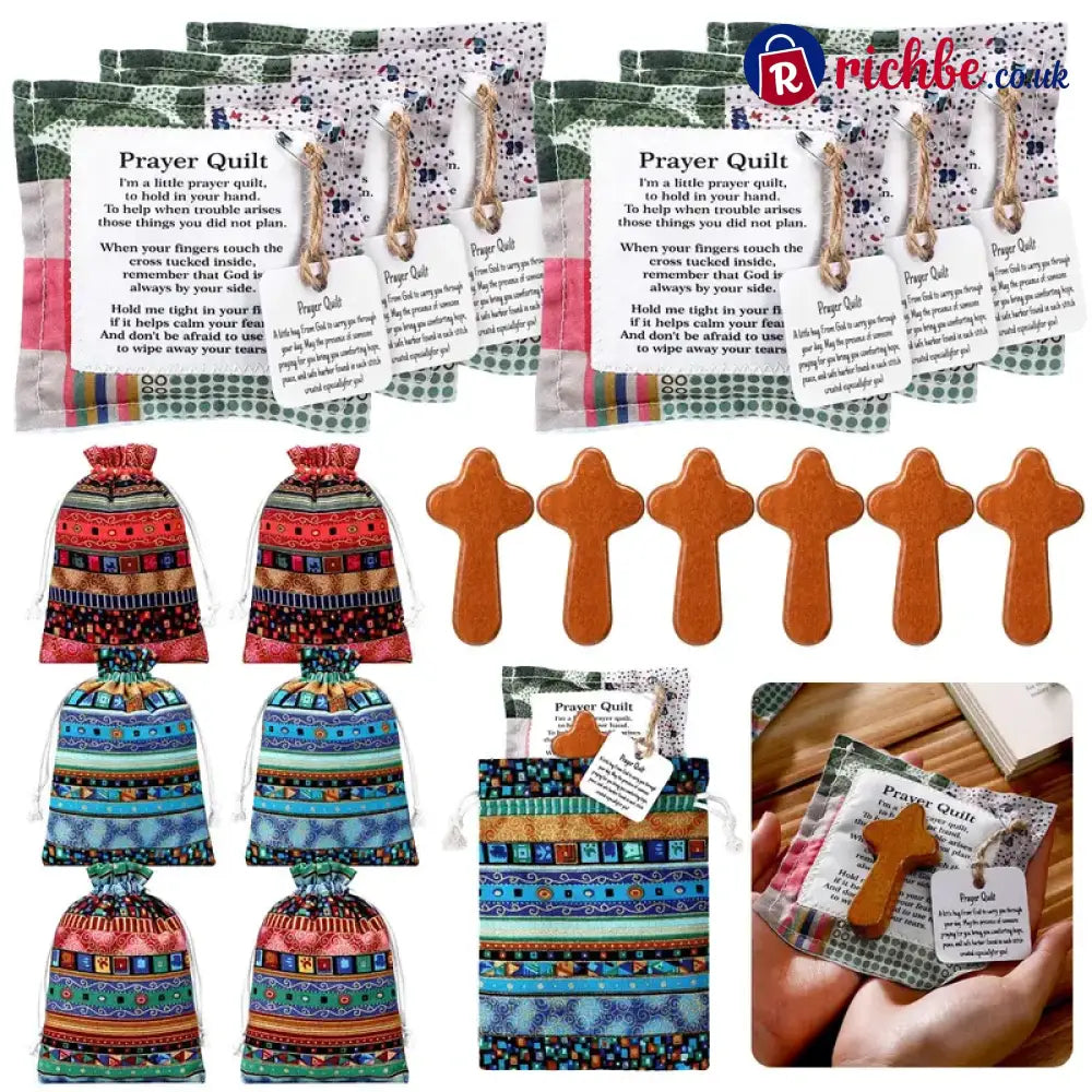 🎁pocket Prayer Quilt Set | Mini Handmade Prayer Blankets With Cross & Drawstring Bag Christian Gifts✝️ - Classic