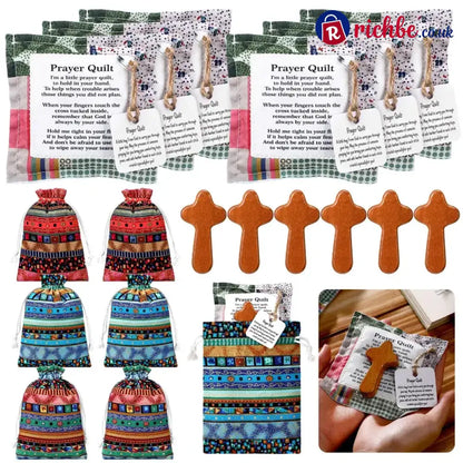🎁pocket Prayer Quilt Set | Mini Handmade Prayer Blankets With Cross & Drawstring Bag Christian Gifts✝️ - Classic