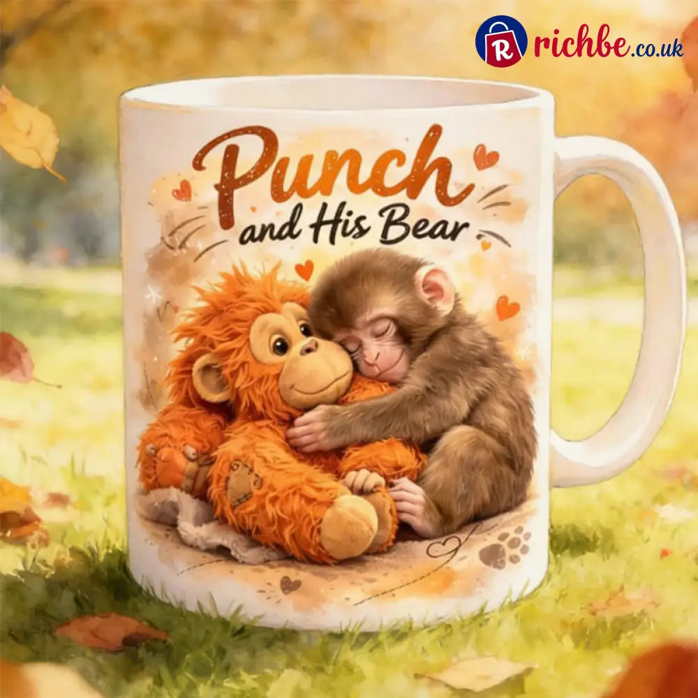 ’Punch and His Bear’ Cute Monkey Ceramic Mug - White - Hot Sale