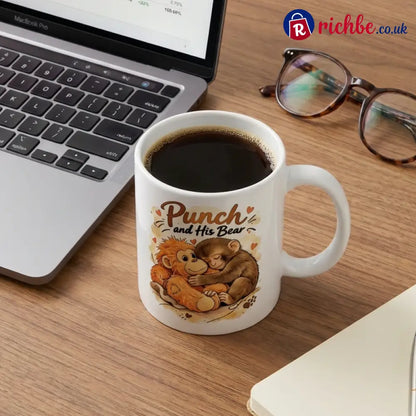 ’Punch and His Bear’ Cute Monkey Ceramic Mug - White - Hot Sale