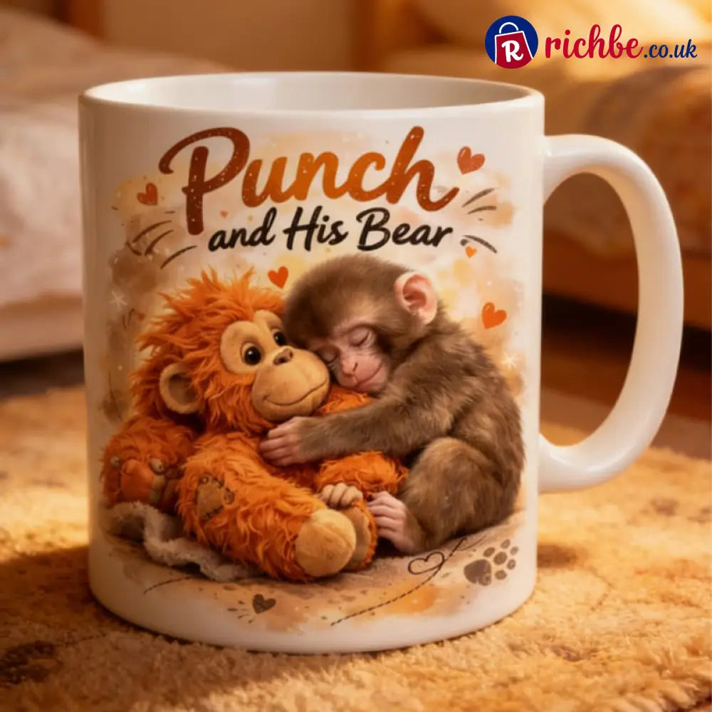 ’Punch and His Bear’ Cute Monkey Ceramic Mug - White - Hot Sale
