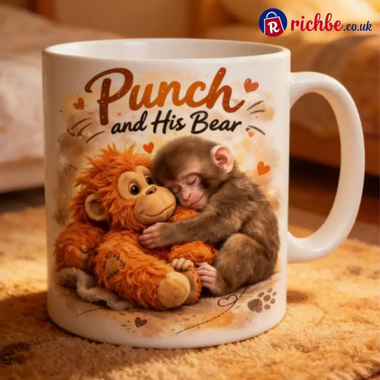 ’Punch and His Bear’ Cute Monkey Ceramic Mug - White - Hot Sale