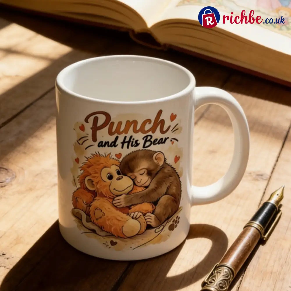 ’Punch and His Bear’ Cute Monkey Ceramic Mug - White - Hot Sale