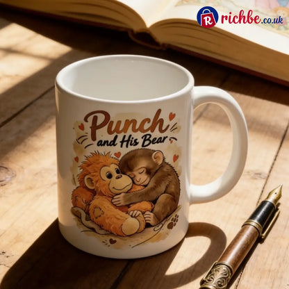 ’Punch and His Bear’ Cute Monkey Ceramic Mug - White - Hot Sale