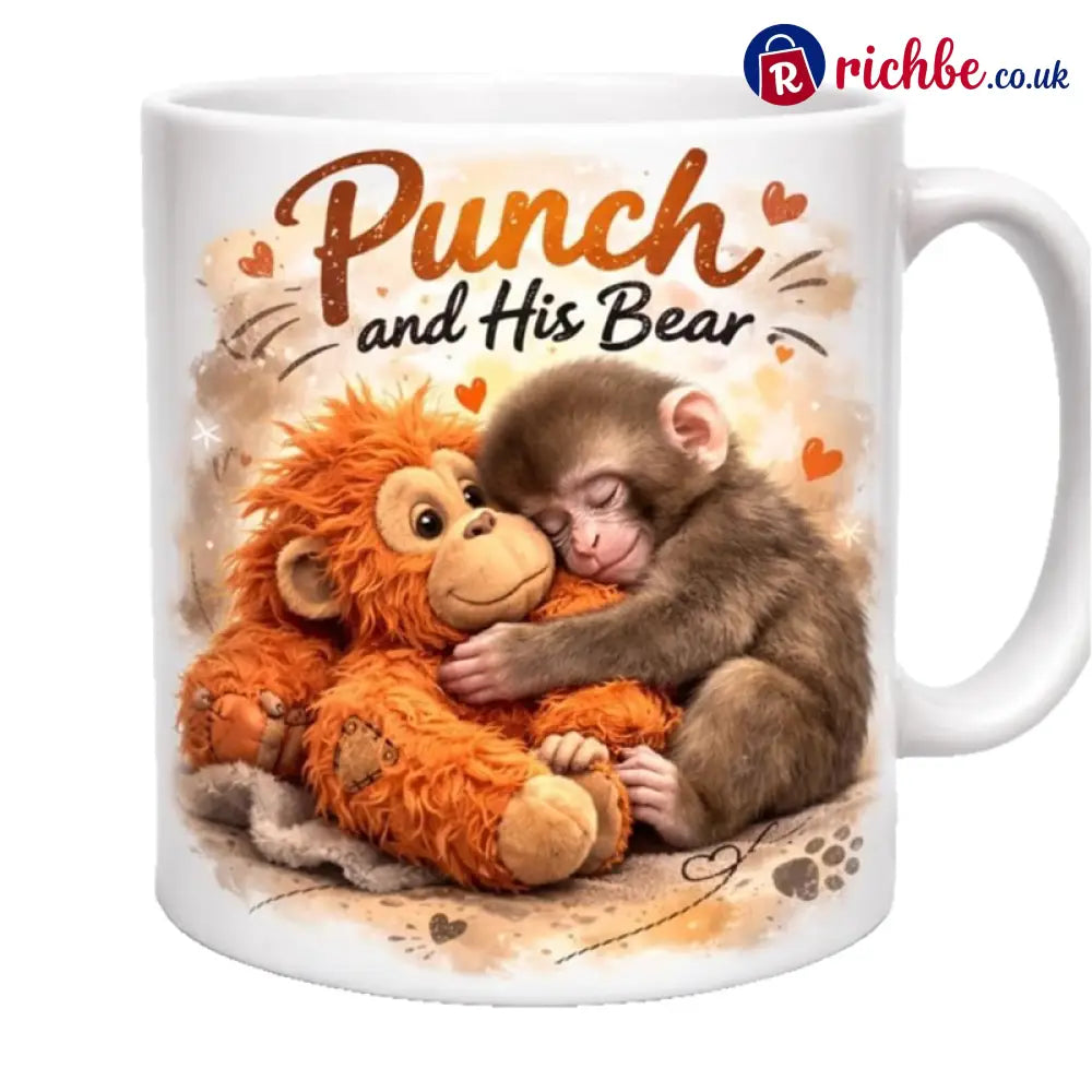 ’Punch and His Bear’ Cute Monkey Ceramic Mug - White - Hot Sale