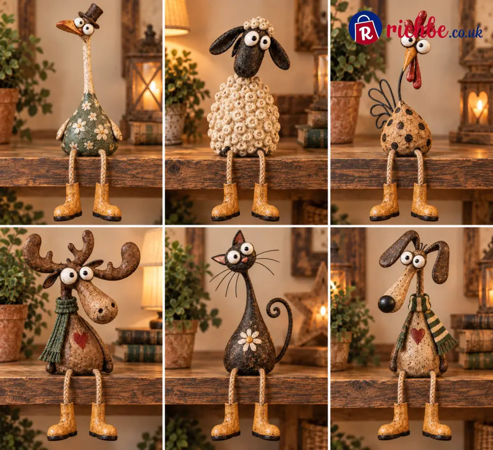 🐔🐕🐈🫎🐑🐦Quirky British Countryside Animal Shelf Sitters – 6 Whimsical Folk-Art Figurines - 🐔🐕🐈🫎🐑🐦（6PC）Free Shipping✈️